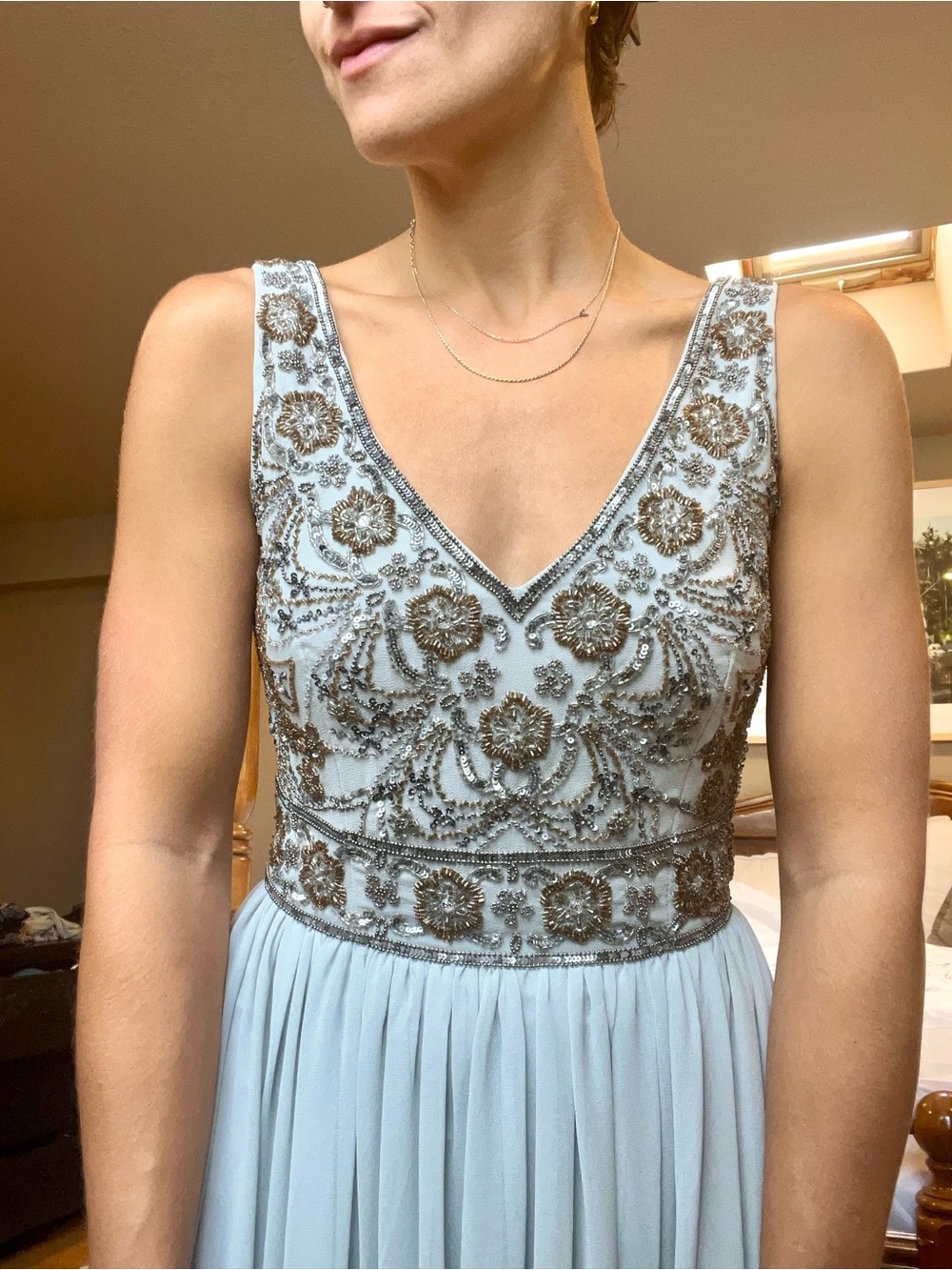 BHLDN by Anthropologie Pale Bluish Gray Beaded V-Neck Pleated Maxi Dress Size 4 - Picture 3 of 15